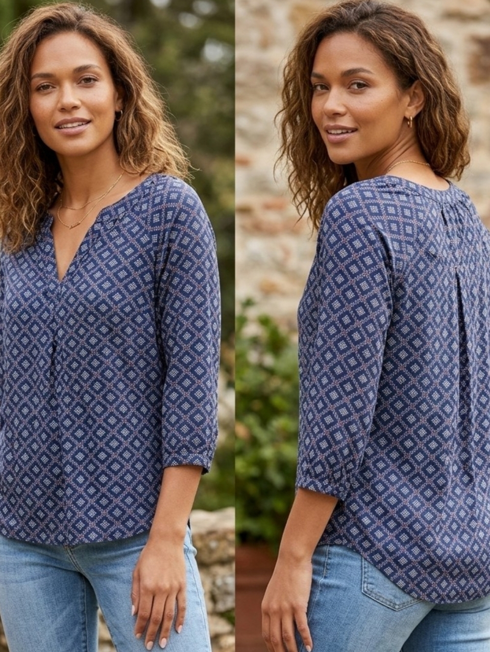 Gap Factory Split neck Diamond print blouse Navy Size XS